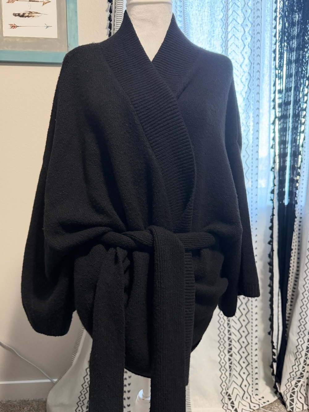VS Black Belted Shawl-Collar Wrap Sweater